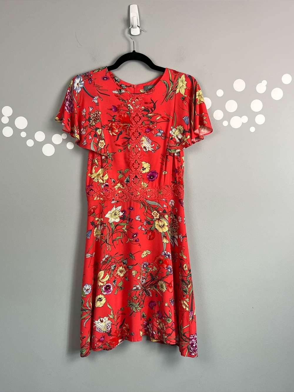 Oasis Coral Floral Skater Dress Botanical Lace Trim Fit & Flare